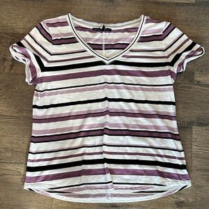 White House Black Market Purple and Black Striped V-Neck Tee size XL